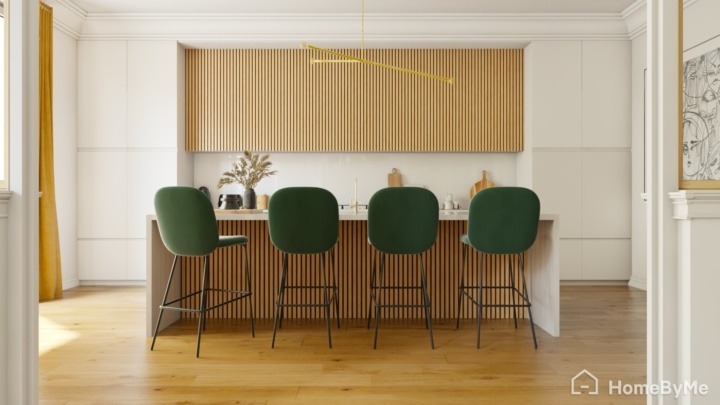 Contemporary kitchen with wood and velvet