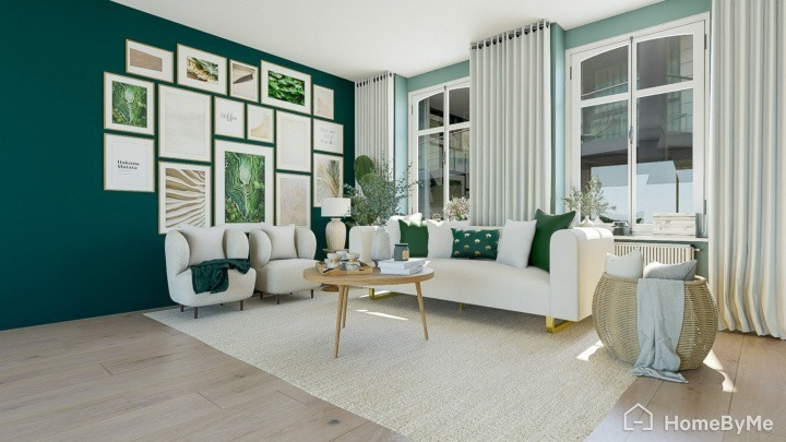 Living room with green shades and plants - Interior design trends in 2022 by HomeByMe