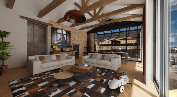 3d plan of an industrial stylish living room