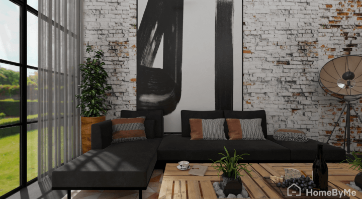 3D floor plan of a stylish industrial room