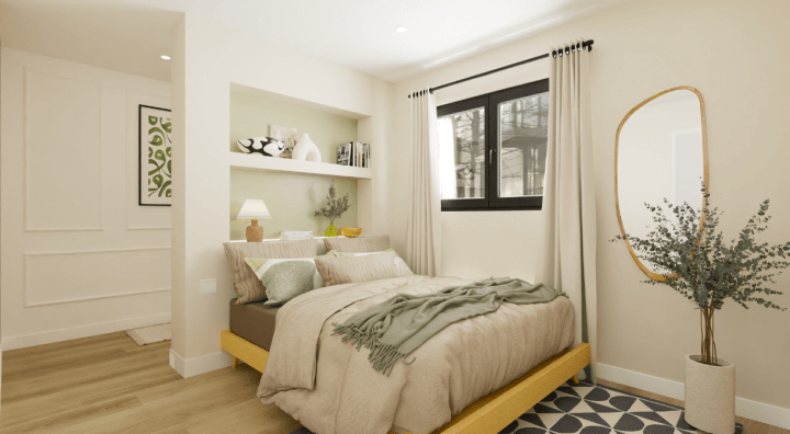 Green painted wall in a bedroom's floor plan